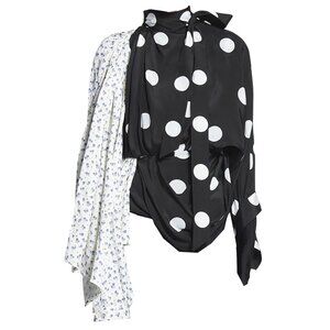 BALENCIAGA BLACK / WHITE MULTI FLORAL POLKA DOT PRINTED SILK BLOUSE